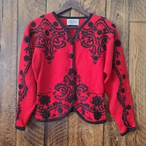 Marisa Christina/Lisa Nichols Vintage embroidery/beads sweater m black red